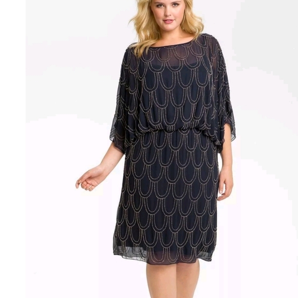 JS Collections Beaded Blouson Chiffon Dress Size 16 Navy/Silver - Picture 1 of 6